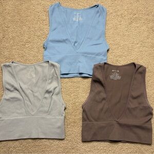 Set of Three Ribbed Crop Tank Tops - Gray, Blue, Brown